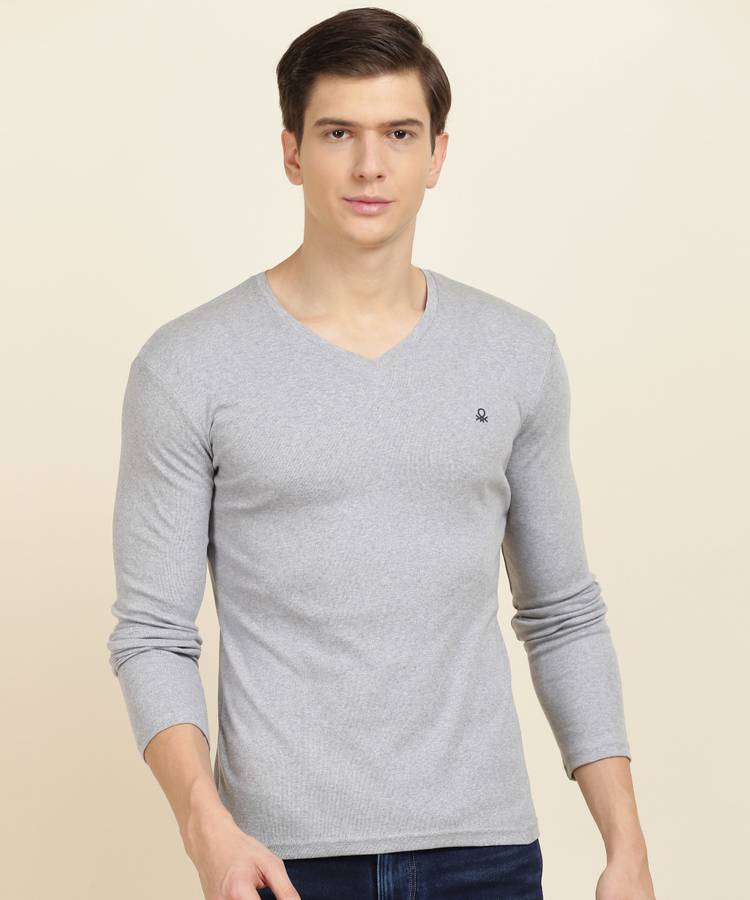 Solid Men V Neck Grey T-Shirt