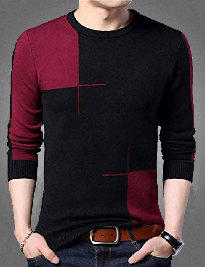 Color Block Men Round Neck Red, Black T-Shirt