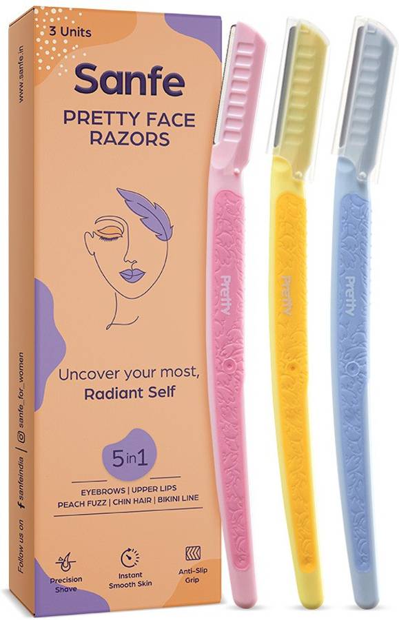 Sanfe Pretty Face Razor for painfree facial hair removal (3 units) - upper lips, chin, peach fuzz - Stainless steel blade, comfortable, firm grip