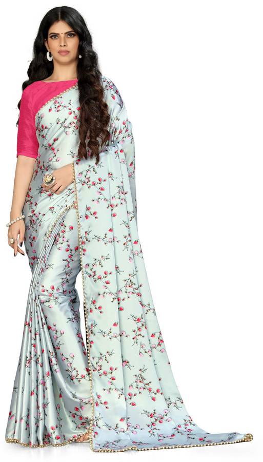 Digital Print, Floral Print Bollywood Satin Blend Saree