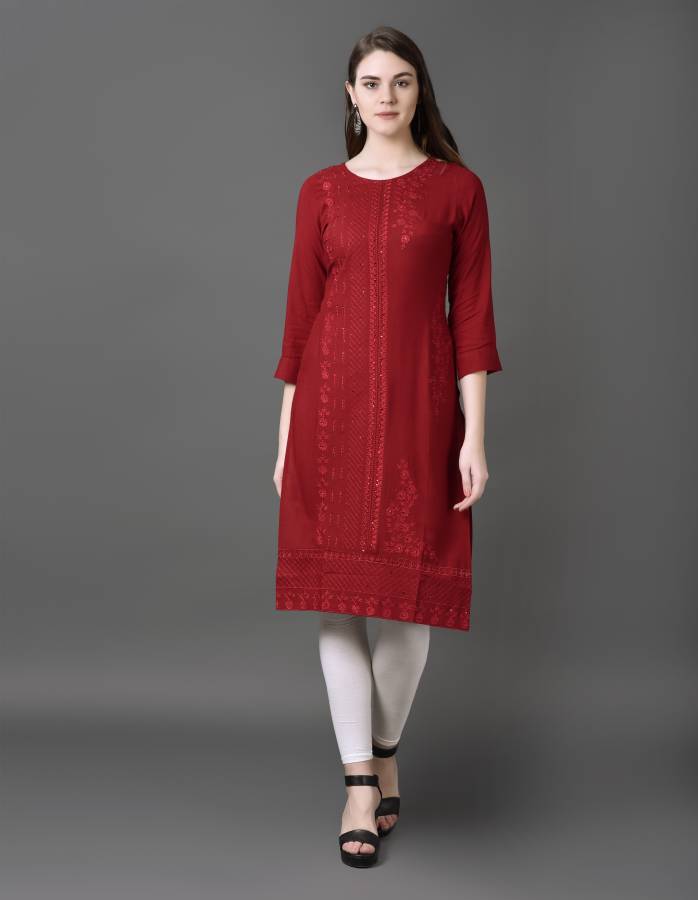 Women Embroidered Cotton Rayon Blend Straight Kurta Price in India