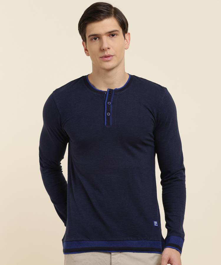 Striped Men Henley Neck Dark Blue T-Shirt