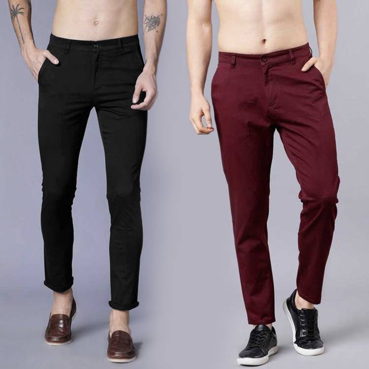 Slim Fit Men Black, Maroon Lycra Blend Trousers
