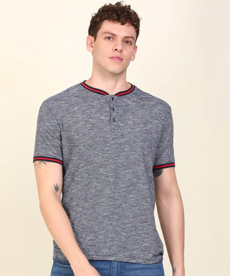 Striped Men Henley Neck Blue, Grey T-Shirt