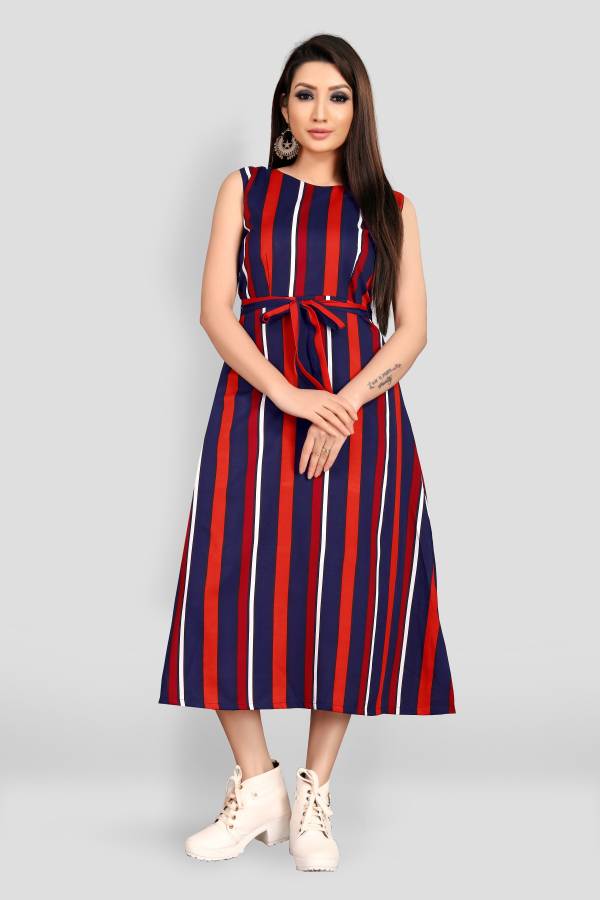 Women Fit and Flare Blue, Red Dress