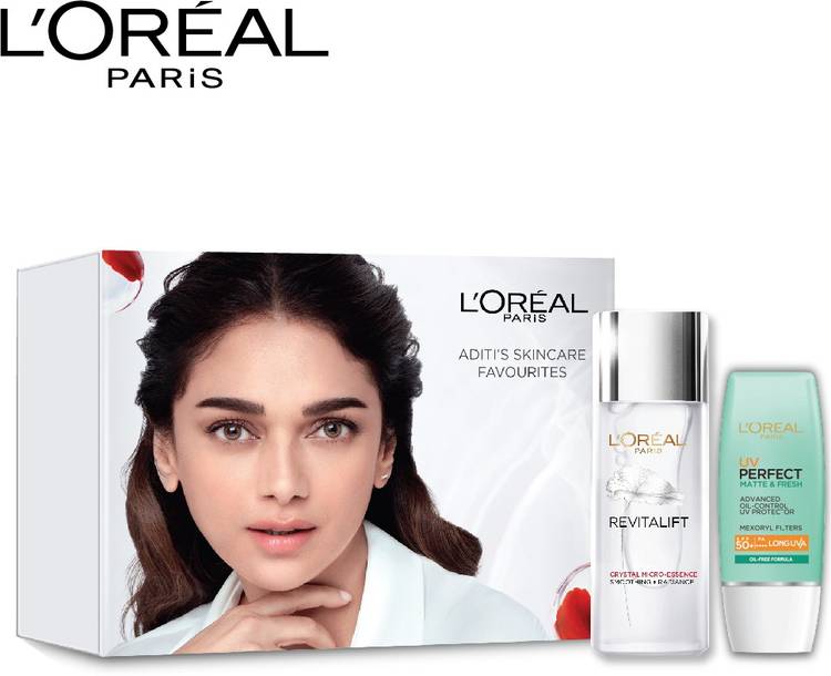 L'Oreal Paris Aditi's Skincare favourites Kit: Revitalift Crystal Micro essence 65ml + UV Perfect Matte & Fresh