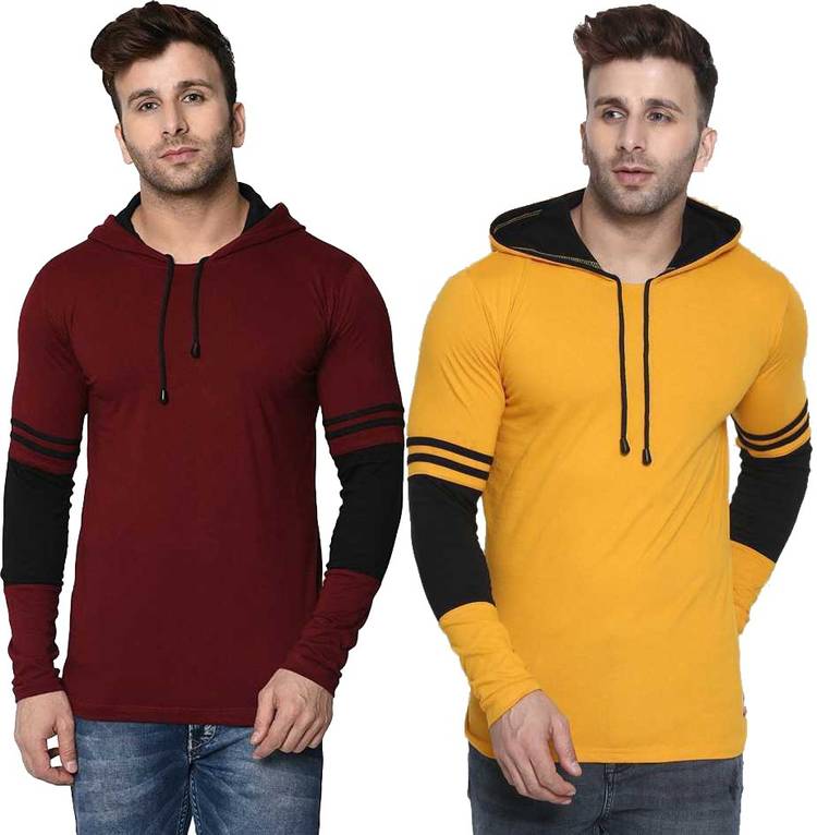Striped Men Hooded Neck Yellow, Maroon T-Shirt