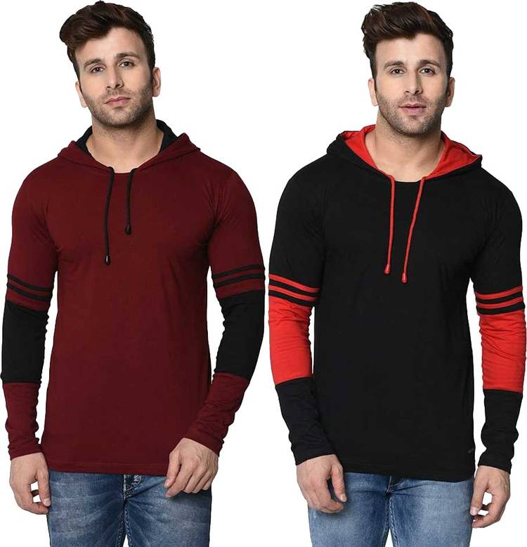 Striped Men Hooded Neck Black, Maroon T-Shirt