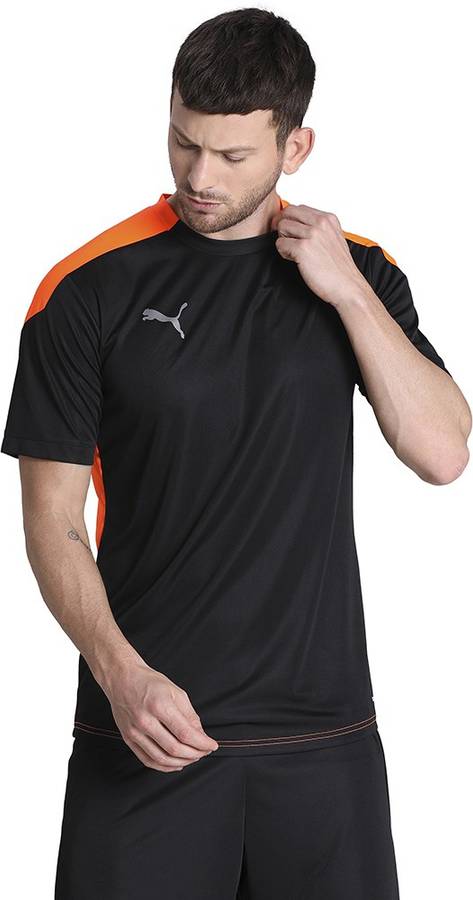 Solid Men Round Neck Black, Orange T-Shirt
