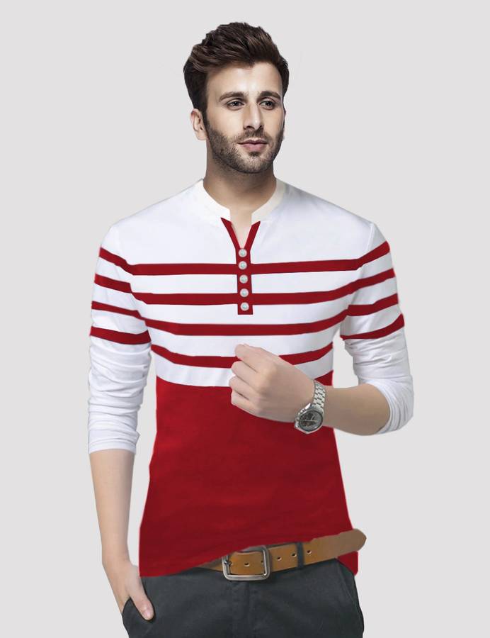 Striped Men Mandarin Collar White, Red T-Shirt