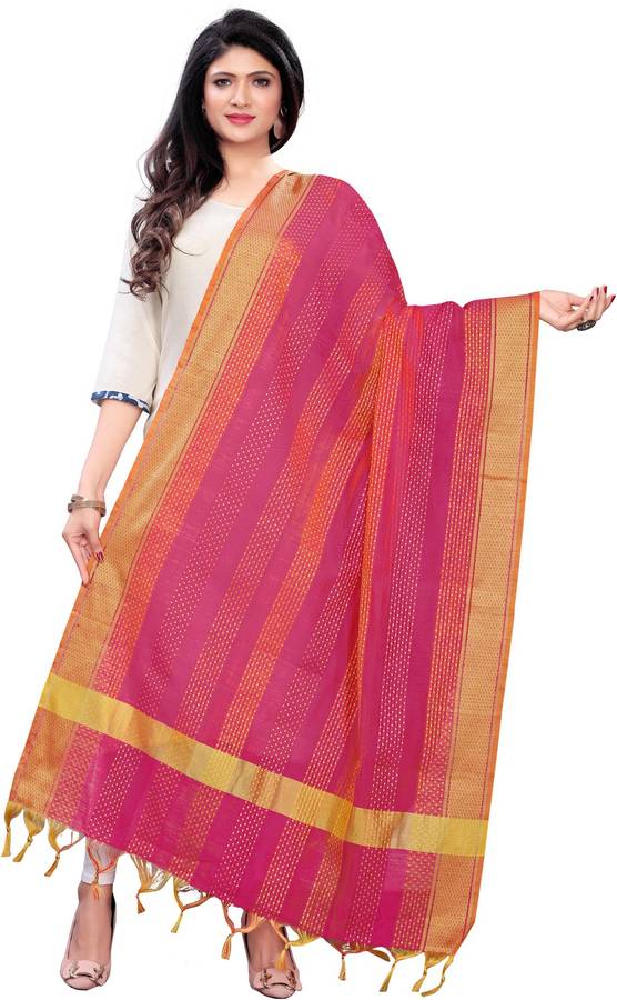 Cotton Blend Striped, Embellished, Woven Pink, Orange Women Dupatta