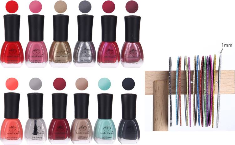 Looks United 12 Premium Colors Nail Polish (6ML Each) With 10 Nail Art Rolls Multicolor Price in India