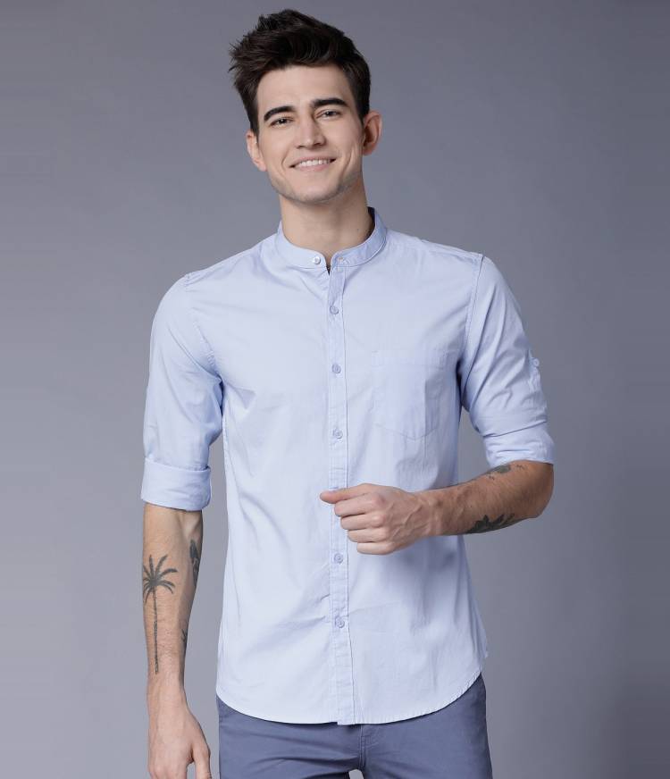 Men Slim Fit Solid Mandarin Collar Casual Shirt Price in India