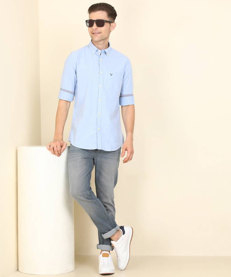 Men Slim Fit Self Design Button Down Collar Casual Shirt