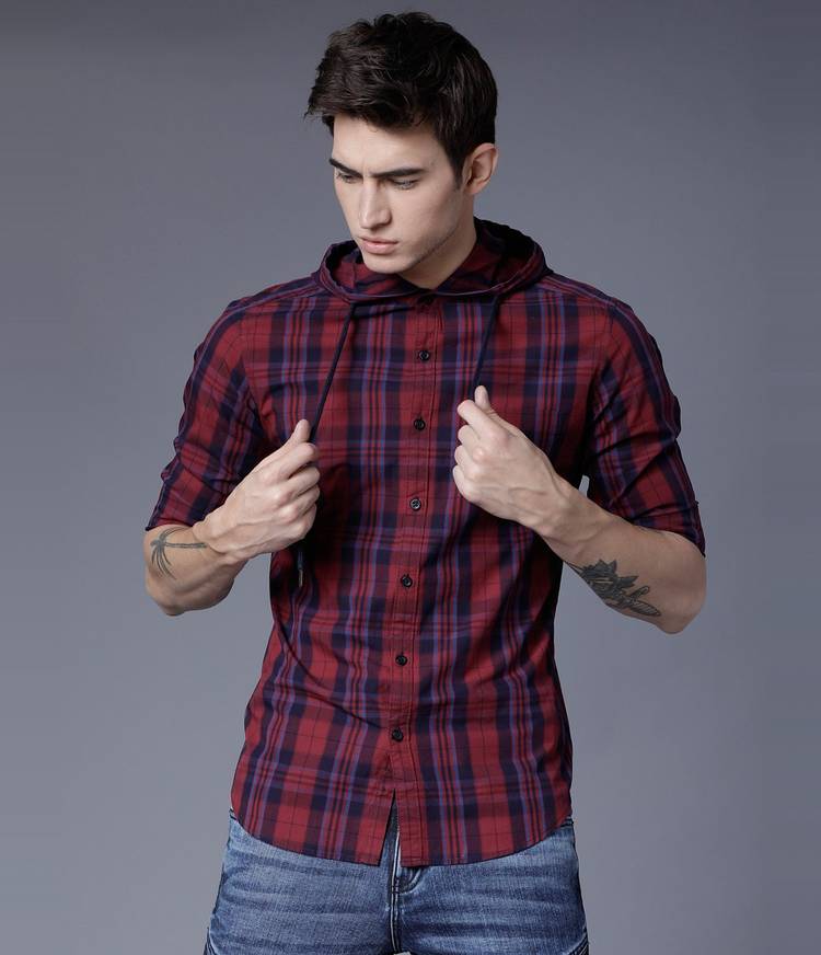 Men Slim Fit Checkered Hood Collar Casual Shirt