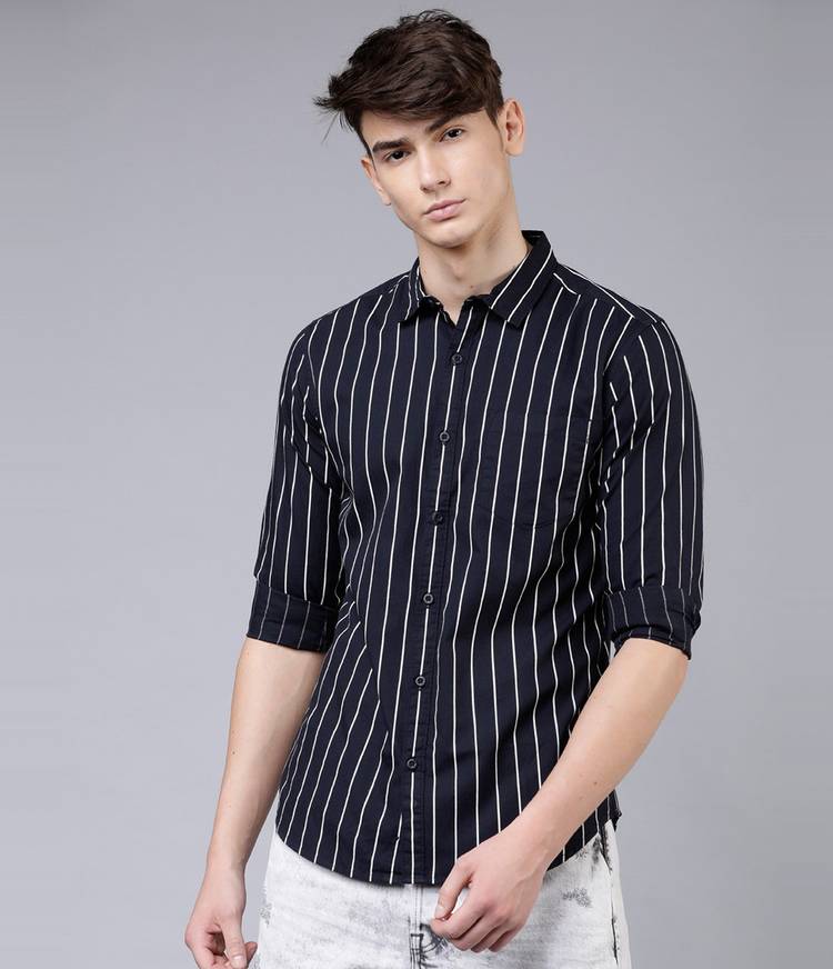 Men Slim Fit Striped Button Down Collar Casual Shirt