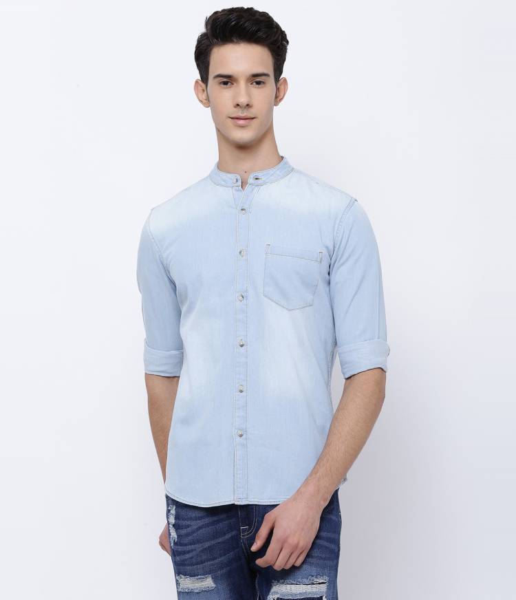 Men Slim Fit Solid Mandarin Collar Casual Shirt Price in India