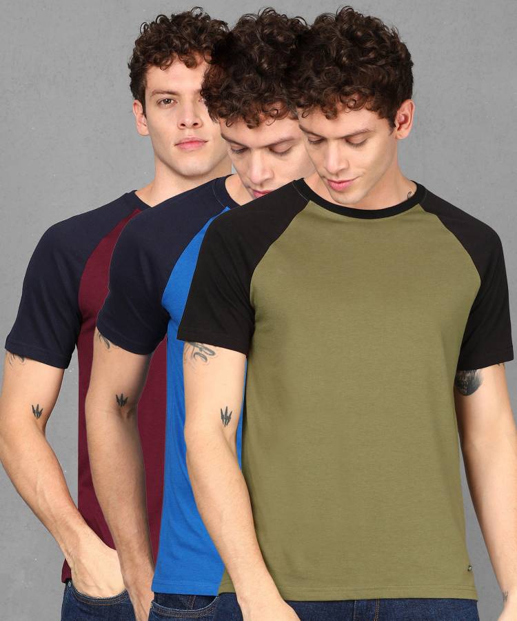 Pack of 3 Color Block Men Round Neck Multicolor T-Shirt Price in India