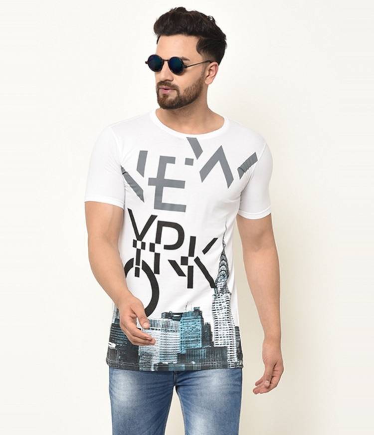 Printed Men Round Neck White T-Shirt Price in India