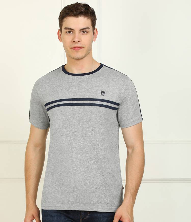 Self Design Men Round Neck Grey T-Shirt