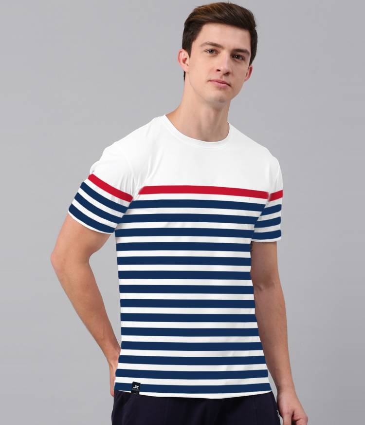Striped Men Round Neck Dark Blue, Red, White T-Shirt Price in India