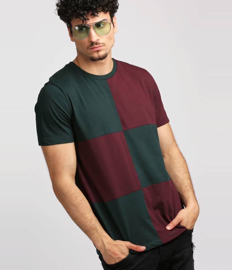 Color Block Men Round Neck Green, Maroon T-Shirt Price in India