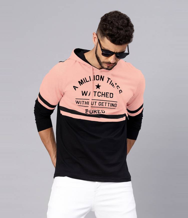 Printed Men Hooded Neck Pink, Black T-Shirt