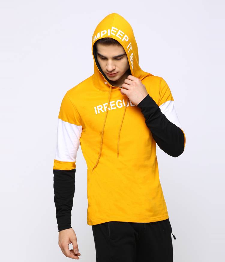 Printed Men Hooded Neck Yellow T-Shirt Price in India