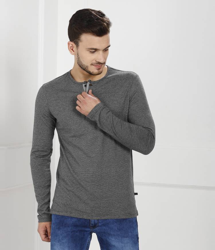 Striped Men Henley Grey T-Shirt
