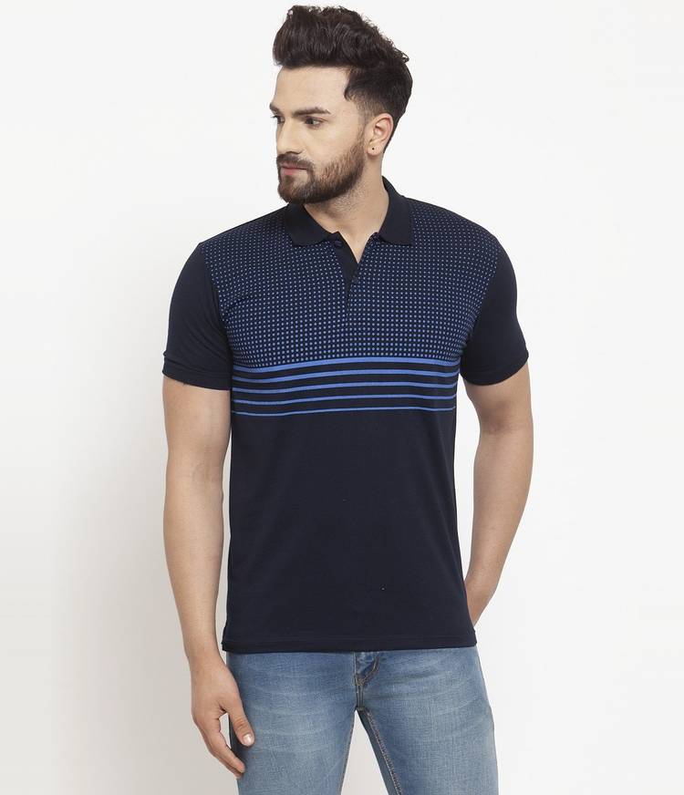Striped Men Polo Neck Dark Blue T-Shirt