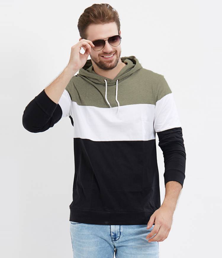 Color Block Men Hooded Neck Green, White, Black T-Shirt