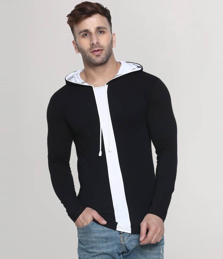 Color Block Men Hooded Neck Black, White T-Shirt Price in India