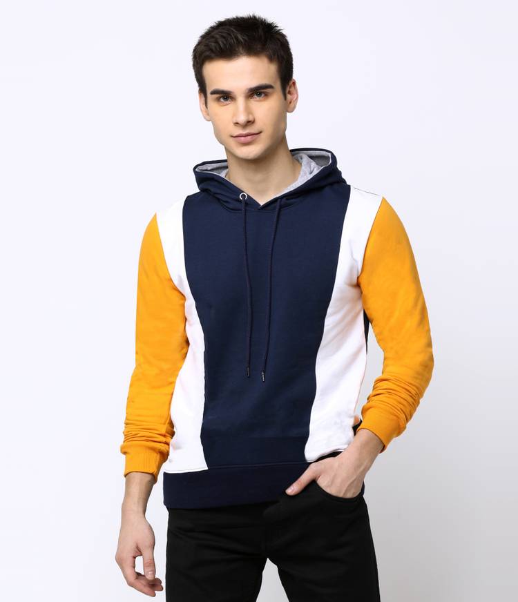 Color Block Men Hooded Neck Dark Blue, White, Yellow T-Shirt