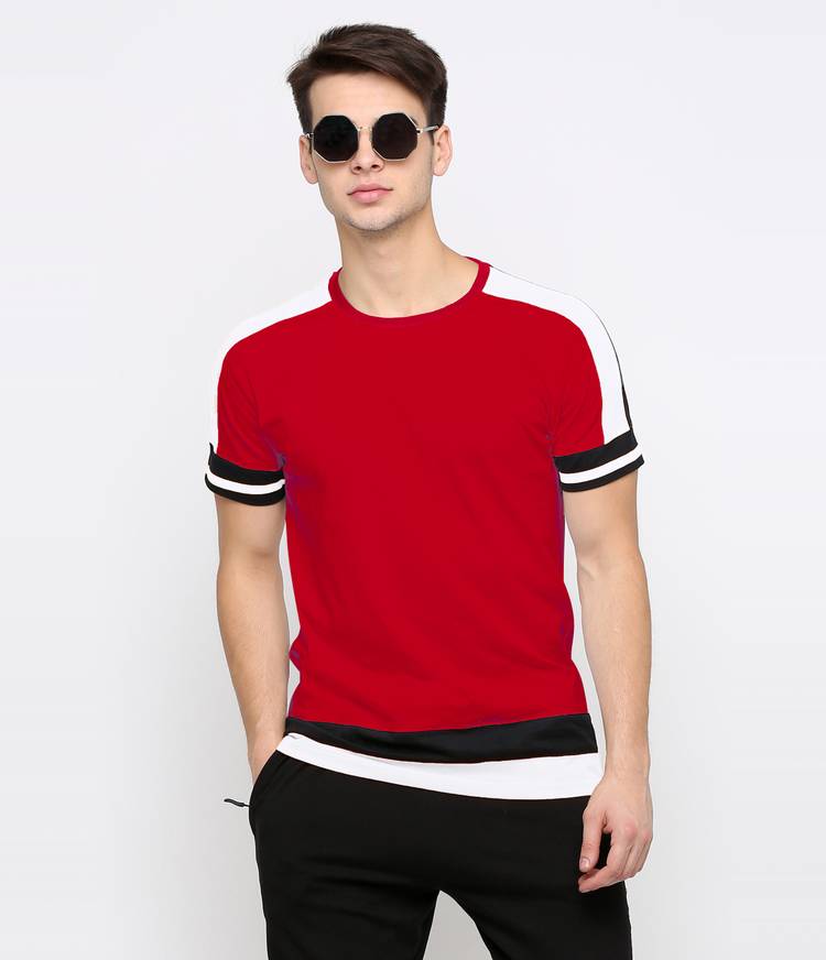 Color Block Men Round Neck Red, White, Black T-Shirt Price in India