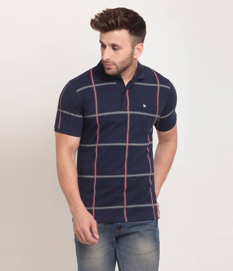 Checkered Men Polo Neck Blue T-Shirt