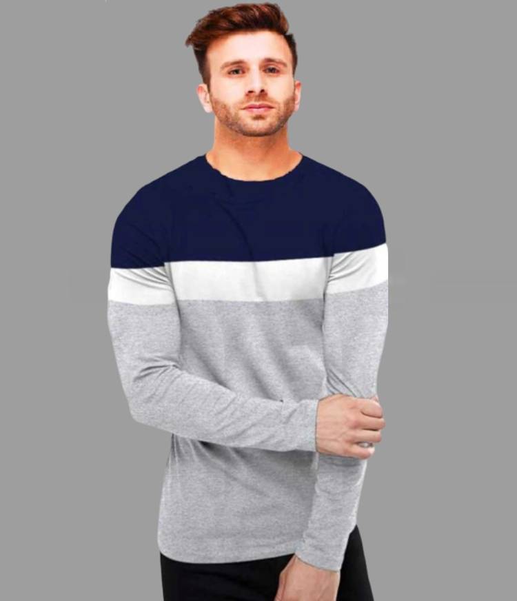 Solid Men Round Neck Blue, Grey T-Shirt Price in India