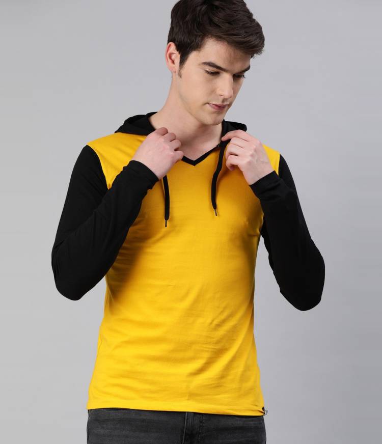 Solid Men Hooded Neck Black, Yellow T-Shirt Price in India