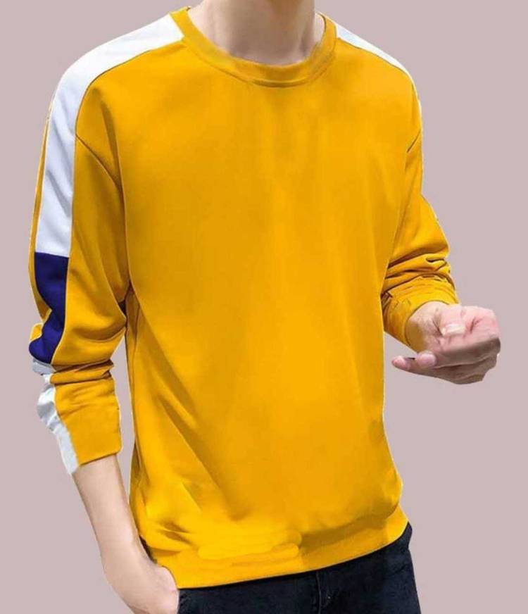Color Block Men Round Neck Dark Blue, White, Yellow T-Shirt