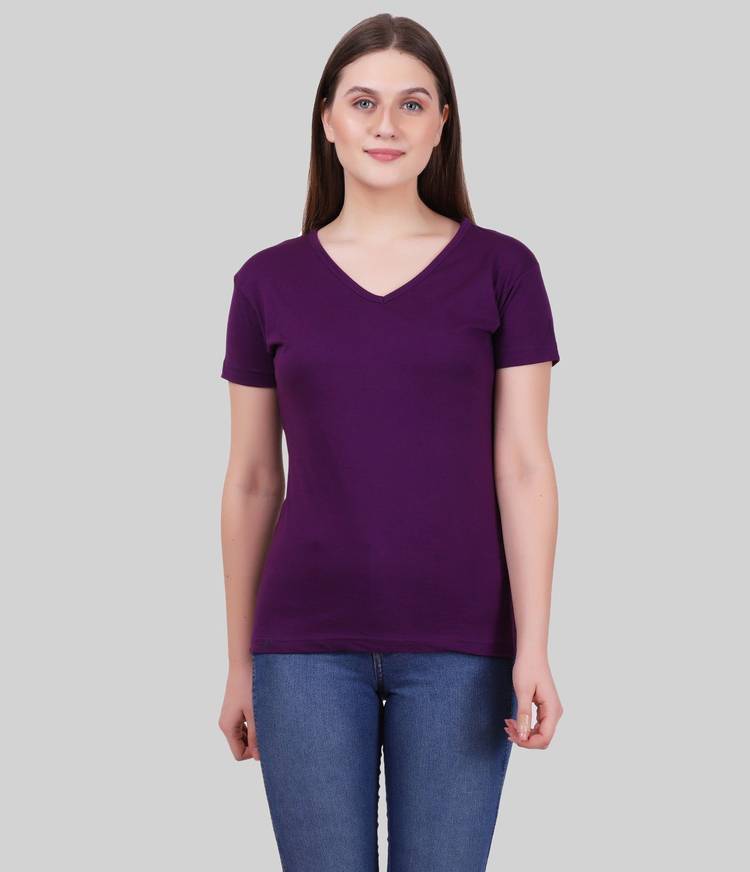 Solid Women V Neck Purple T-Shirt