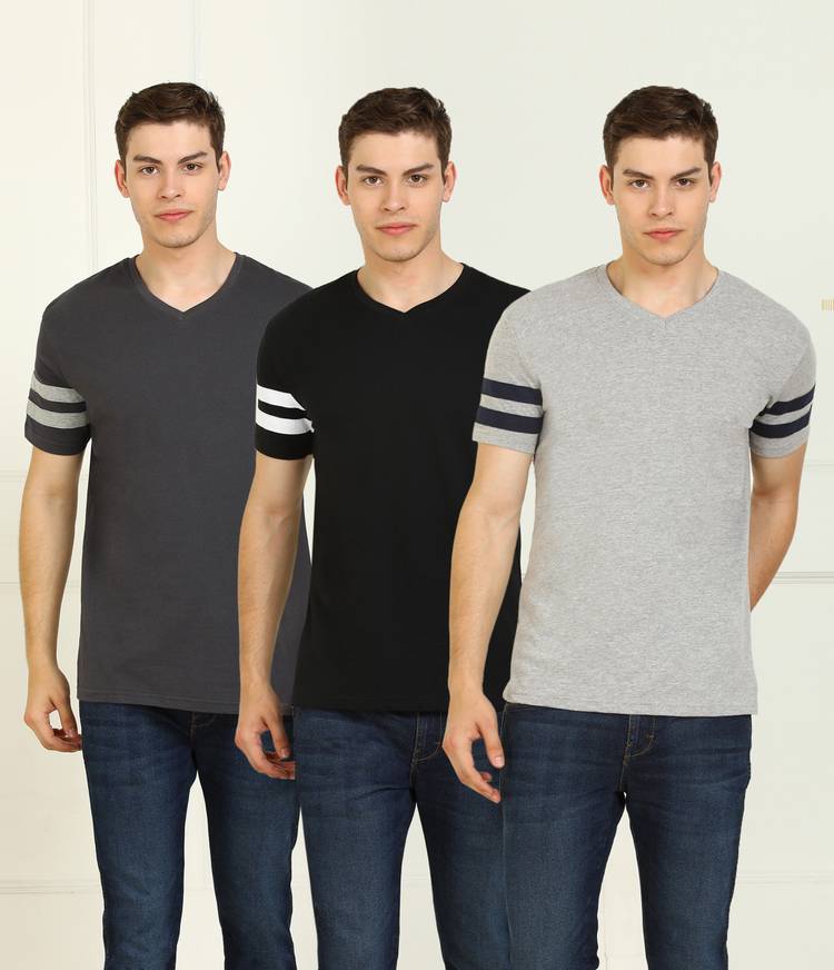 Solid Men V Neck Black, Grey T-Shirt