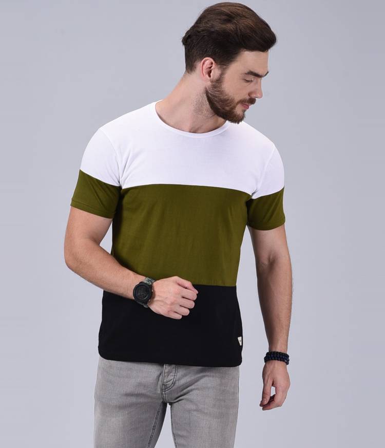 Color Block Men Round Neck Green T-Shirt Price in India