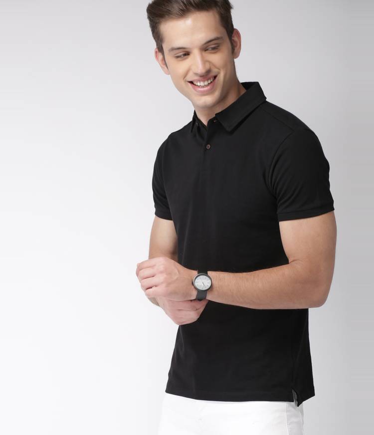 Solid Men Collared Neck Black T-Shirt