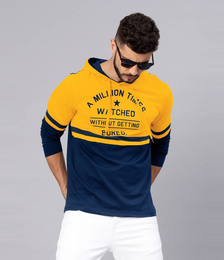 Printed Men Hooded Neck Dark Blue, Yellow T-Shirt