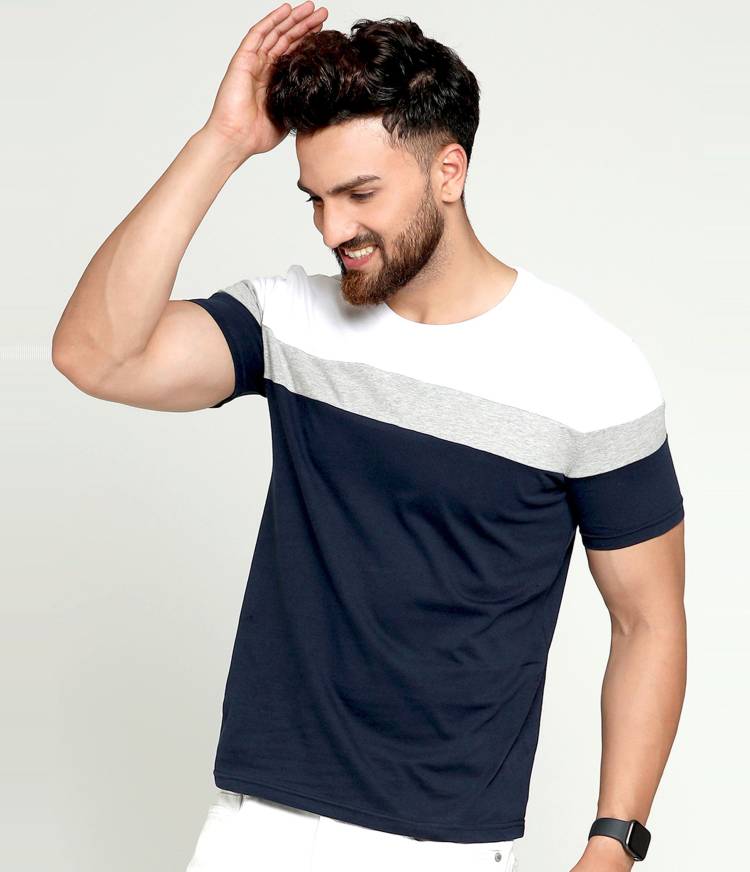 Color Block Men Round Neck White, Blue, Grey T-Shirt Price in India