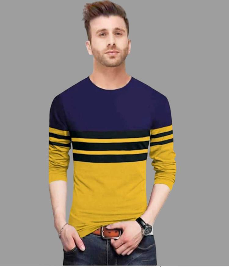 Solid Men Round Neck Dark Blue, Black, Yellow T-Shirt