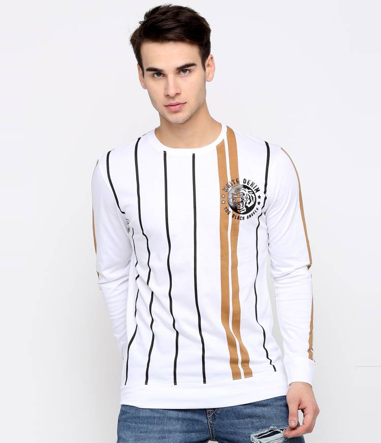 Printed, Striped Men Round Neck White, Orange T-Shirt Price in India