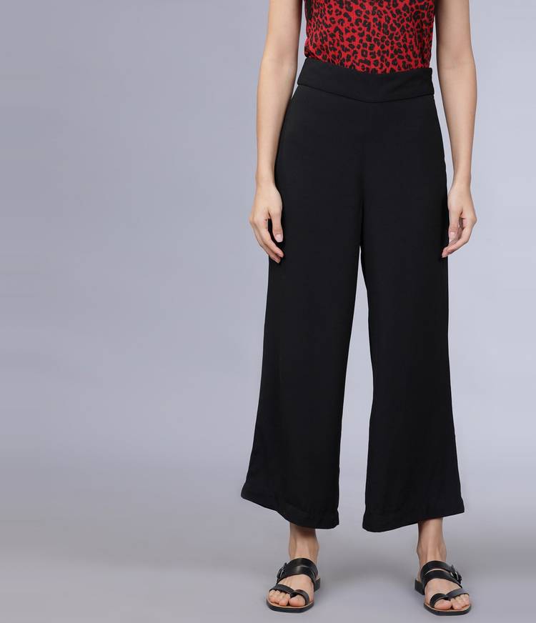 Regular Fit Women Black Polyester Trousers