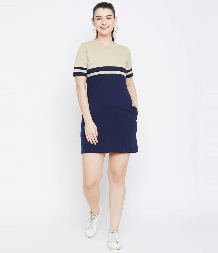 Women A-line Blue, Beige Dress