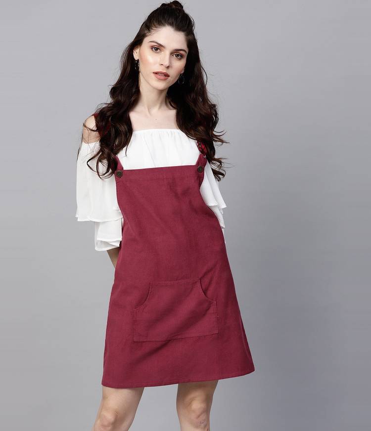 Women Pinafore White, Maroon Dress