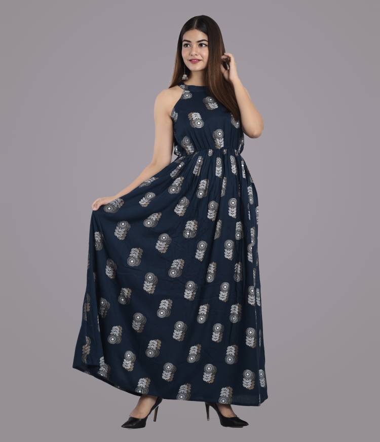 Women Maxi Dark Blue, White Dress Price in India